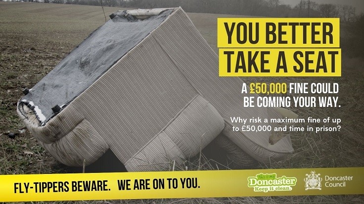 Fly-Tippers Beware Poster showing abandoned Sofa